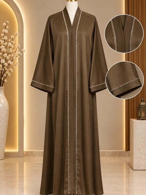 Hareer Brown Abaya With Pocket - Shiny Silk Fabric Front Button DMC Stone & Sleeve Embellished Abaya